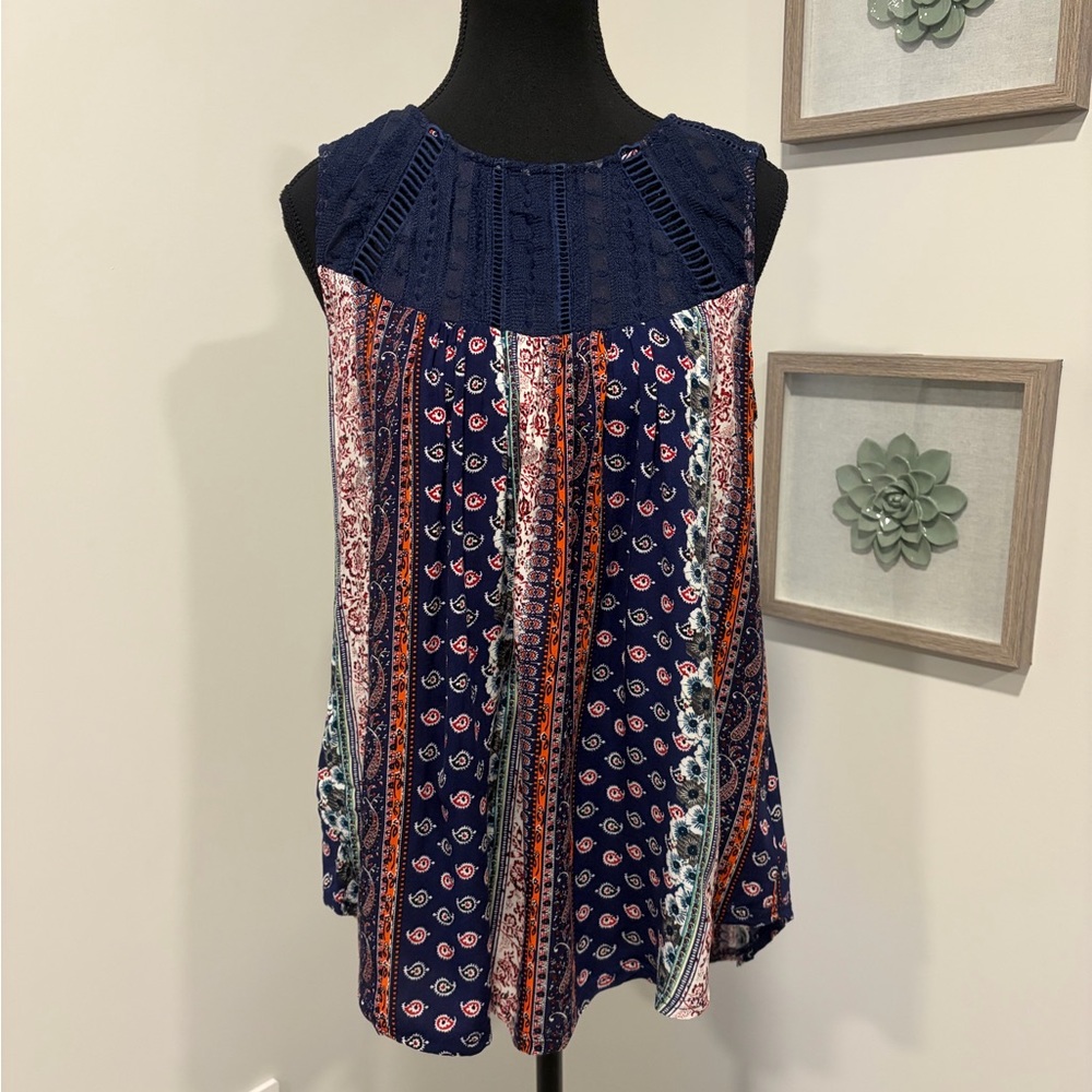 Charlie Paige Multicolor Striped/Paisley Blouse With Lace & Gold Buttons EUC